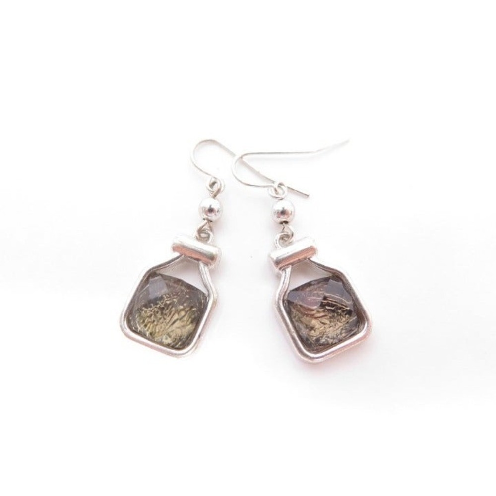 Silver Toned Smoky Quartz Dangle Drop Earrings